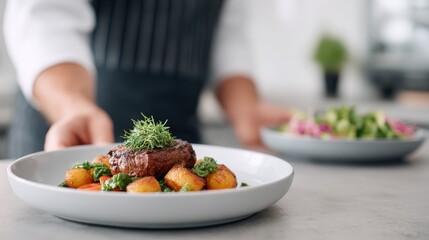 Chef in a restaurant kitchen presenting a gourmet dish of meat and vegetables on a white plate with fresh herbs, while a salad is visible in the background on a gray countertop