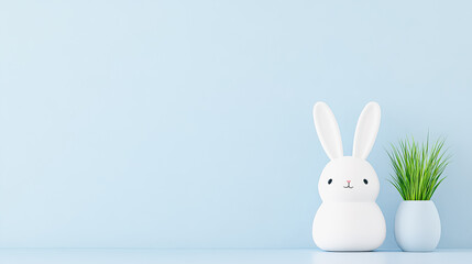 A charming white bunny figurine sits beside a small green plant in a minimalist setting, perfect for spring decor.