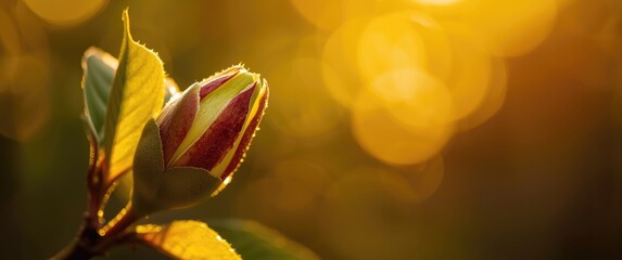 Awakening of nature: detailed shot of a partially opened bud against a Bokeh backdrop, portrait style, golden wallpaper, beautiful colorful and peaceful nature