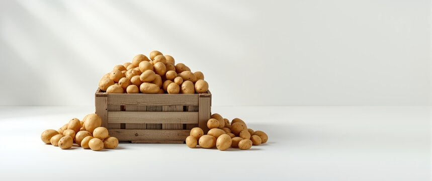 Raw potatoes in a wooden crate on a white background