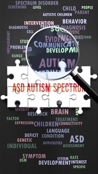 Asd Autism Spectrum under magnifying glass, being researched, studied and examined. Most important subjects and ideas closely related to asd autism spectrum written around a puzzle.