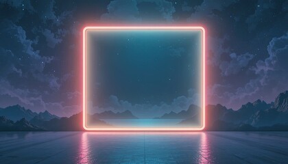 Neon lit square frame in futuristic mountain landscape at night
