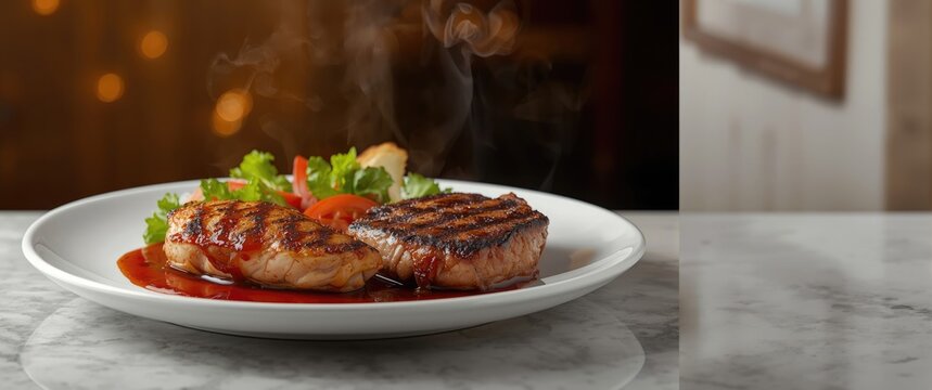 BBQ Pork Steak with Spicy Chicken