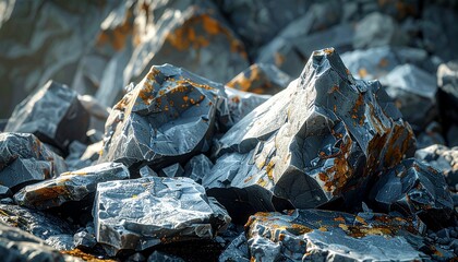 A close-up view of rugged rocks with sharp edges and metallic sheen, illuminated by sunlight, showcasing rocky texture and geological formation in a natural outdoor setting