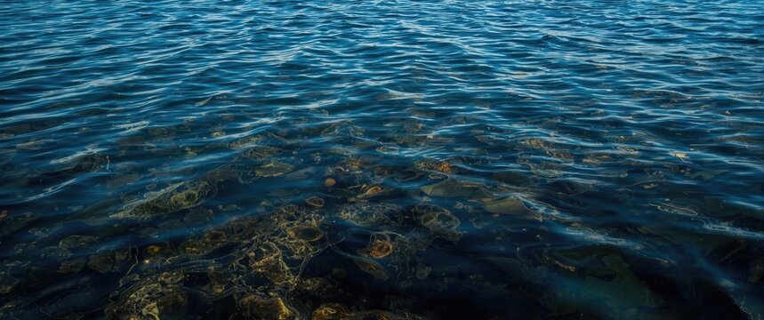 The blue ocean's water surface is coated with an oily film