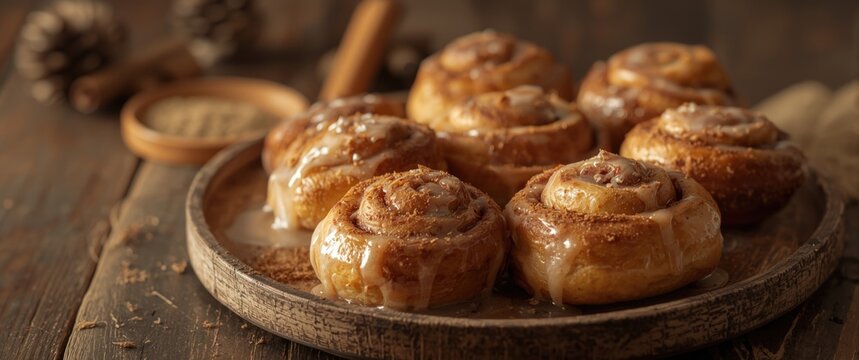 Delicious Christmas cinnamon bun rolls made at home on rustic wooden table