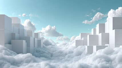 Fototapeta premium Abstract winter set design of white geometric cubes rising from fluffy snow and clouds under blue sky, minimal 3d render background for seasonal banner, poster, presentation template