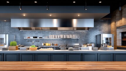 Modern restaurant kitchen featuring stainless steel appliances, wooden countertops, and organized shelves with utensils and ingredients, designed for culinary preparation and service