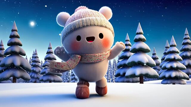 Animated Character in Winter Wonderland: Cute Design and Playful Expression Featuring Colorful Scarf and Knitted Hat for Child-Friendly Holiday Vibes