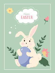 Festive vertical card with a cute rabbit character, spring flowers, and Happy Easter text in a cloud. Kids spring illustration for seasonal greetings