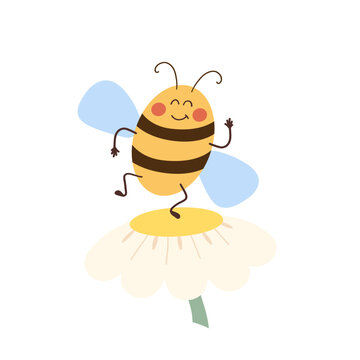 Cute bee character dancing on a daisy flower. Illustration for nursery decor, spring greeting cards, learning or nature design.