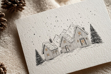 Charming Winter Village Illustration with Snowy Cottages