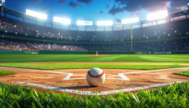 A baseball resting on home plate in a stadium at sunset, capturing the essence of the sport with vibrant colors and dramatic lighting.