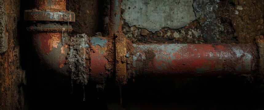 Old rusty corroded plumbing pipes showing red rust and limescale deposits