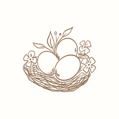 Obraz premium Easter eggs in a nest with flowers and leaves. Hand drawn vector line art clipart