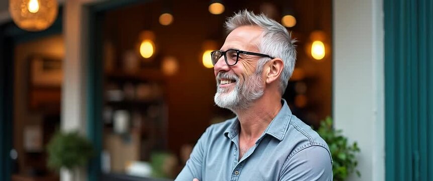 Elderly man smiles warmly outside a cozy cafe, ambient lights flicker gently, camera pans slowly; a cinematic portrayal of contentment and lifestyle in an urban setting.