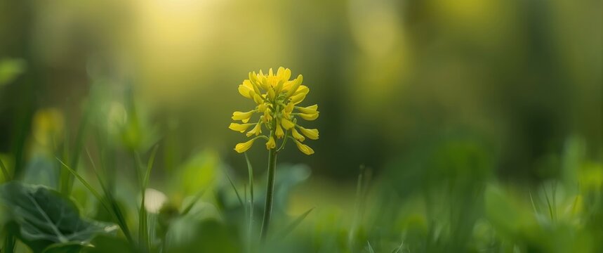 Isolated Wildflower of Brassicaceae in spring setting, highlighting floral and green foliage
