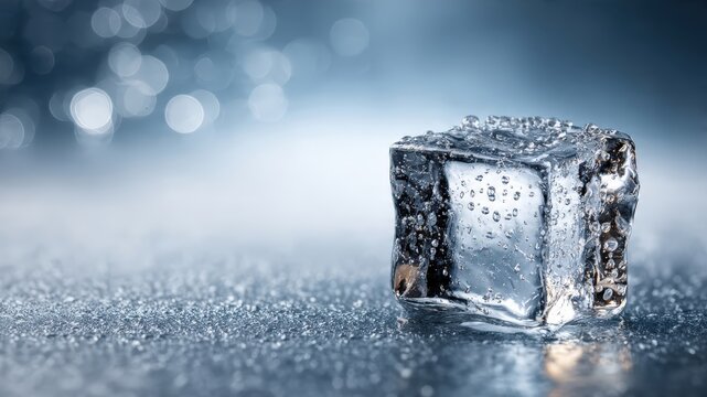 Close up of clear ice cube covered with bubbles and melting droplets for cold refreshment and winter concept with bokeh lights background and frosty surface