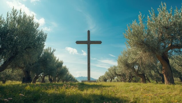 A vertical cross positioned in a sunny landscape with olive trees, highlighting spiritual symbolism, religious observance