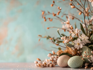 A serene arrangement featuring pastel Easter eggs nestled among delicate spring flowers and branches, set against a soft blue background.