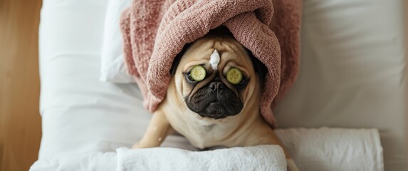 Cute kitten and pug puppy with towels on their heads, face cream, cucumber eyes masks, resting on the bed at spa salon - top down perspective