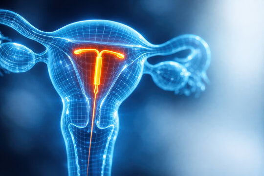 Female organs medical hologram closeup uterus anatomy with intrauterine device glowing contraceptive implant futuristic health technology blue background 3d rendering concept