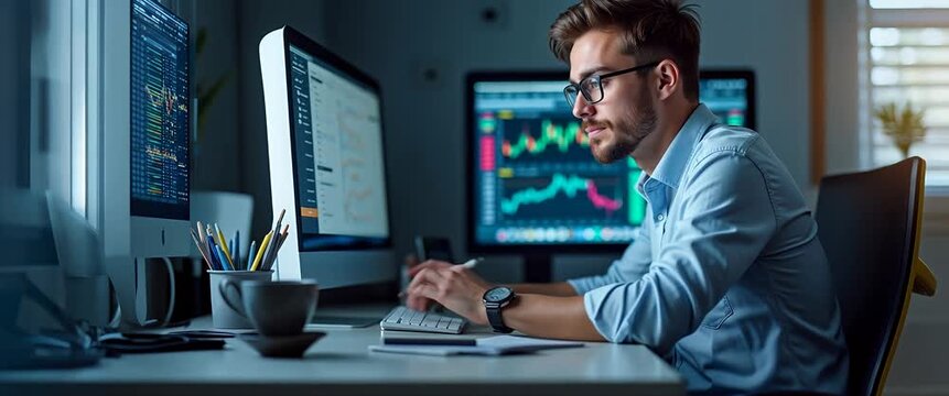 Focused professional analyzing financial data on multiple screens, with a subtle camera pan and ambient office lighting in a cinematic style, conveying modern business technology.