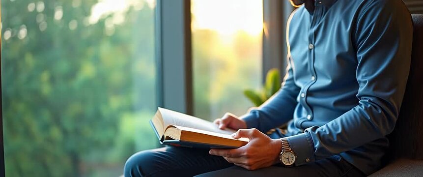 Man reading a book in a sunlit room, as camera slowly pans left, capturing the gentle sway of tree shadows through the window; cinematic, serene, educational ambiance.