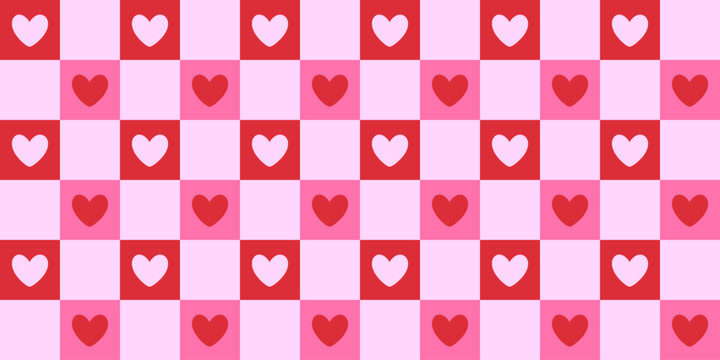 Valentines Day checkered seamless pattern with red and pink hearts, trendy minimalist cover, repeating love romantic wallpaper background
