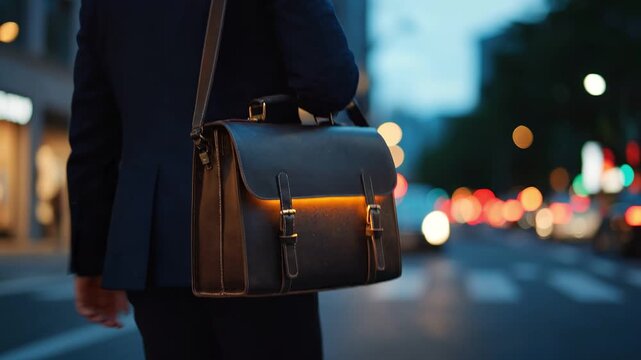 Urban Journey: A business person, their back to the camera, strides purposefully across a city street, briefcase in tow, lights of a bustling metropolis illuminating the scene.