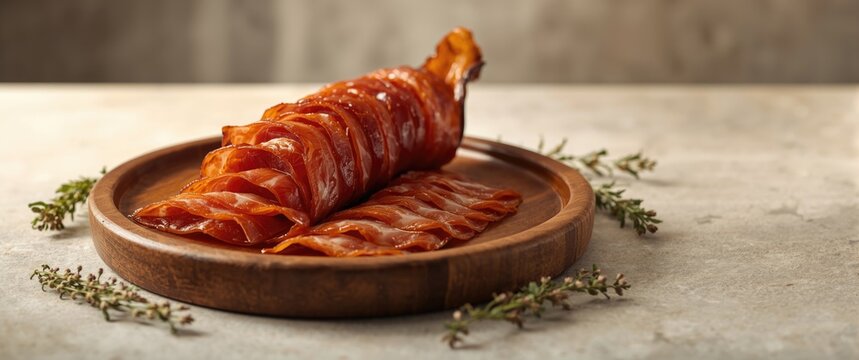 Turkish bacon and pastrami (Kayseri pastirma) - Thinly sliced dried meat infused with spices - Sliced beef bacon - Traditional Turkish treat pastirma