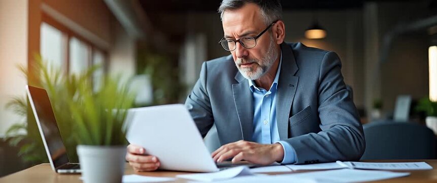 Professional businessman reviews documents in a modern office with gentle ambient motion as lights flicker softly; camera smoothly pans to capture the serene, cinematic workspace.
