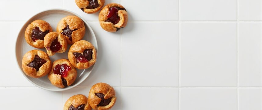 Yummy cruffins filled with chocolate and jam against a white tile background