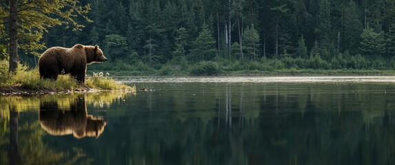 Finnish Forest Scene with a Brown Bear by the Lake