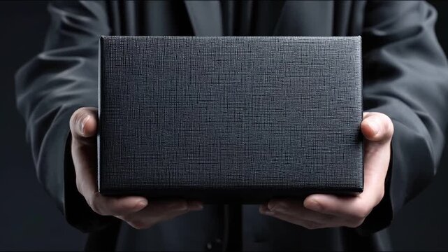 Presentation of a Black Box: A person in a formal suit presents a pristine black box, its contents shrouded in mystery, against a dark backdrop.