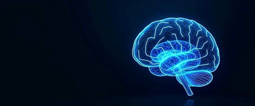 Futuristic digital brain pulsates with glowing lines, as the camera slowly pans across a dark, minimalistic background with floating particles, creating a cinematic and high-tech ambiance.
