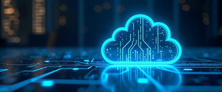 Glowing digital cloud icon pulses with light as camera gently pans across futuristic data center, highlighting advanced technology and innovation in a cinematic, tech-focused style.