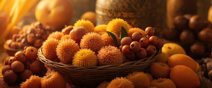 Detachable fake fruits on wooden basketry
