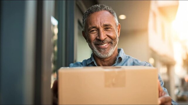Smiling Delivery: A friendly, older individual enthusiastically presents a package, capturing the essence of dependable and timely service.