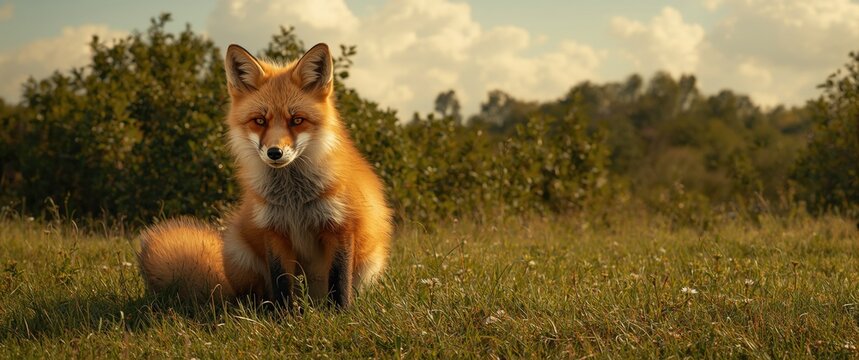 Sitting Red Fox Amid Grass and Bushes in the Background