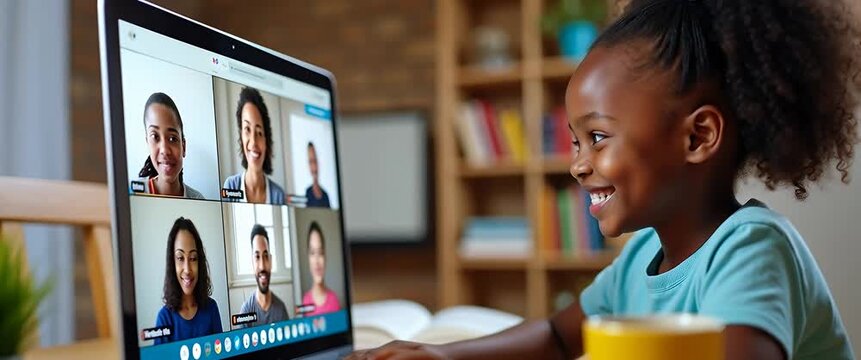 Joyful child engaging in a virtual meeting on a laptop, with books on a shelf gently swaying; camera pans slowly in a warm, cinematic home office environment.