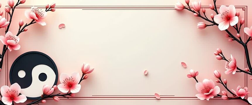 Cherry blossoms gently sway as a Yin Yang symbol subtly rotates; the camera slowly pans across this serene, minimalist scene, offering harmonious balance in a cinematic style.