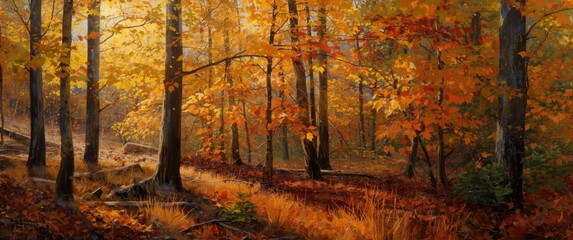 Obraz premium Canvas artwork of a woodland in autumn in oil paint
