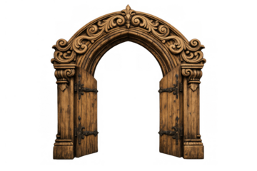 Ornate gothic archway with open wooden gates revealing a path to mystery or opportunity, transparent background