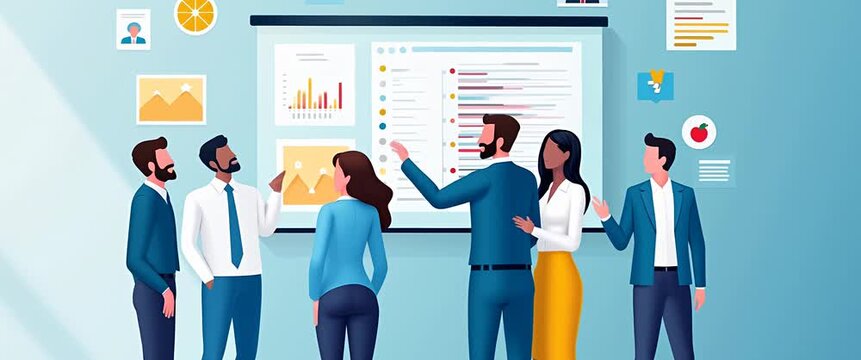 Business team collaborates in a modern office, animated charts on screen; camera slowly pans across engaged professionals in a vibrant workspace, capturing dynamic teamwork and innovation.
