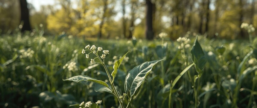 Tiny white flowers on green peas plant with a green meadow background in close-up