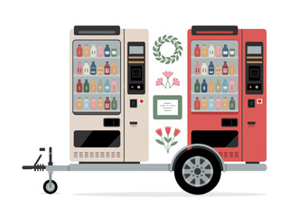 Illustration of Vending Machines with Beverages and Flowers