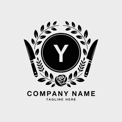 Modern Kitchen Logo Design with Knives and Rose