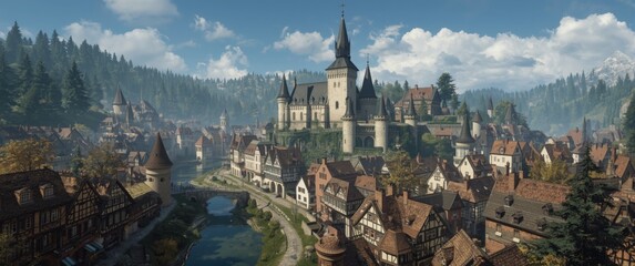 Naklejka premium European medieval village scene with fairy tale architecture, towers, castles, and Gothic cathedrals across ancient Europe