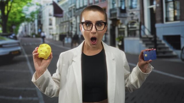 Woman with short hair and glasses holds yellow piggy bank and blue creditcard with open mouth and raised hands on city street; saving versus spending shock.